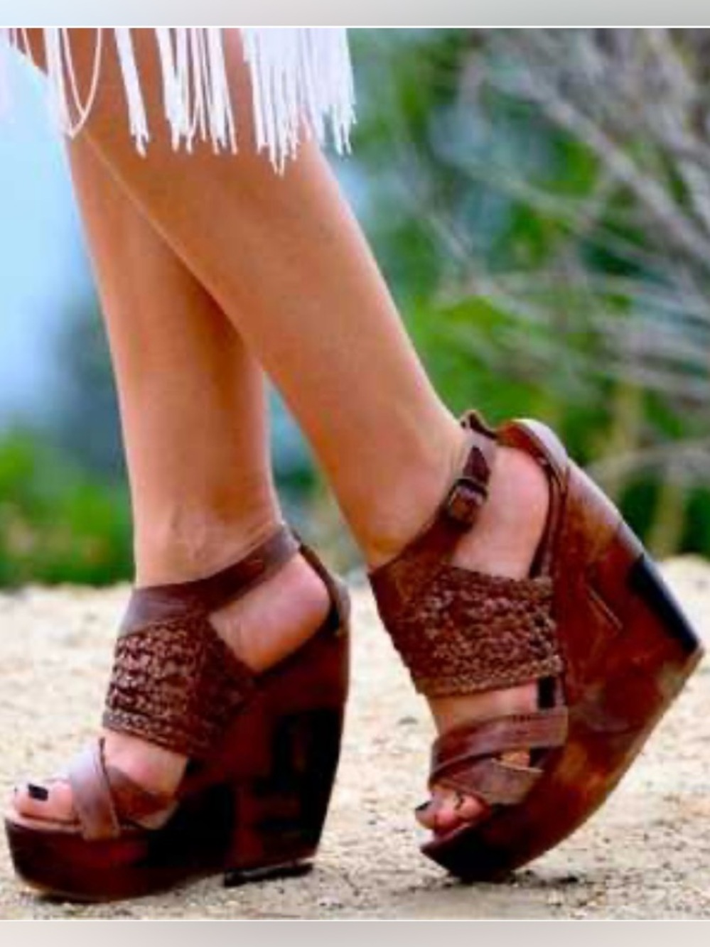 Bed Stu Petra Black Woven Leather Platform Wedge Sandals Boho Wood Heel 7